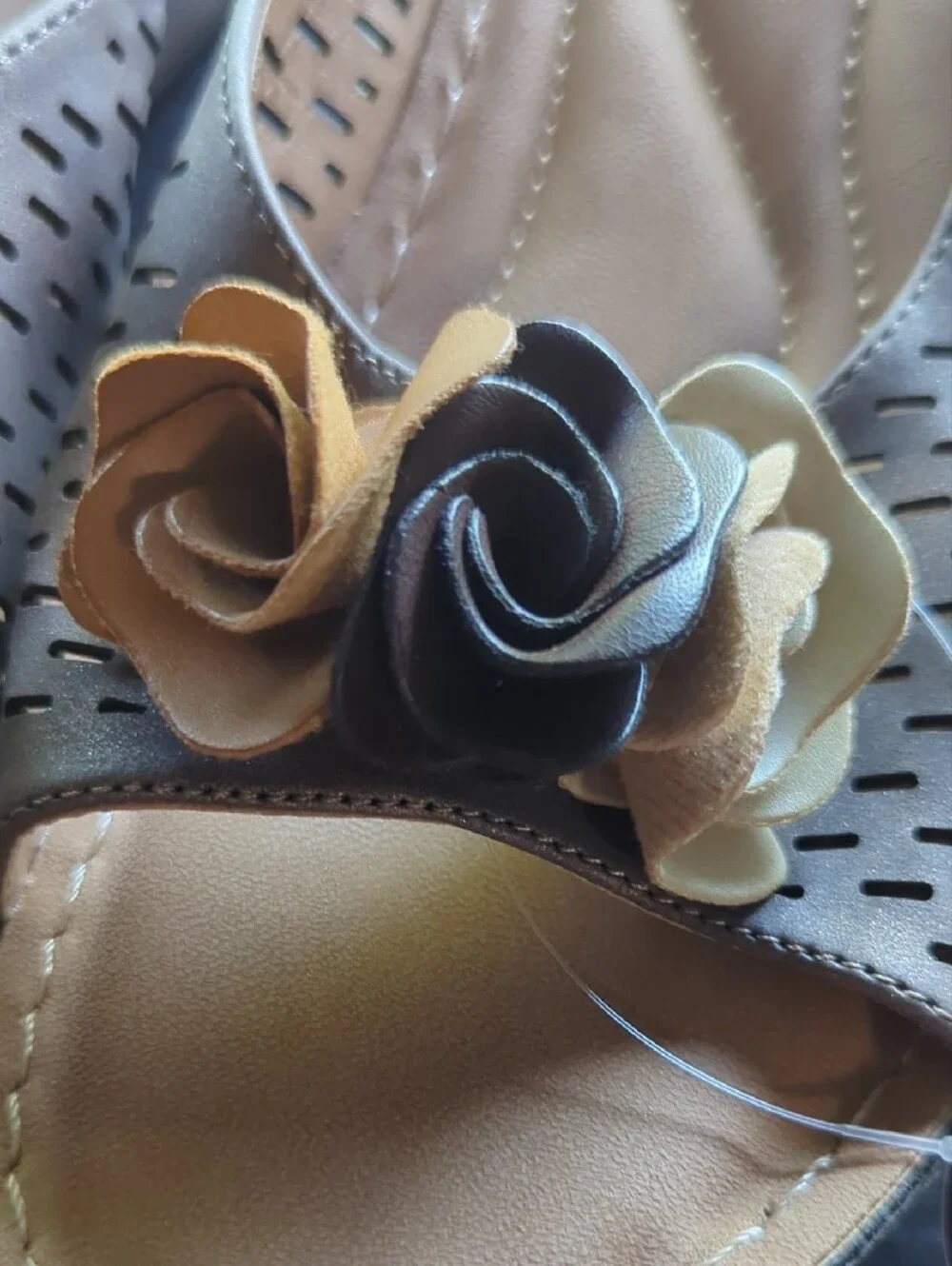 Good Choice Tan and Black Floral Wedge Mules